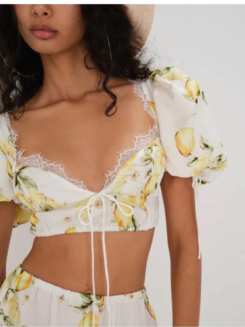 For Love & Lemons White Lemon-Print Lace-Trim Crop Top
